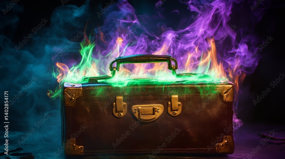 Burning leather briefcase with green and purple flames in a dark background cyberpunk concept for business danger or financial risk illustration