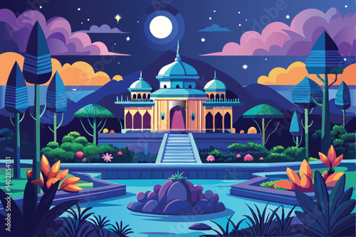 Enchanting Nighttime Garden with a Majestic Palace