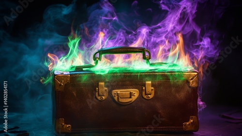 Obraz na płótnie Burning leather briefcase with green and purple flames in a dark background cyberpunk concept for business danger or financial risk illustration w salonie