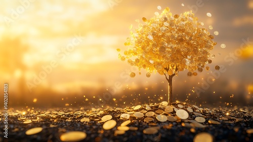 Surreal golden coin tree standing tall with sparkling leaves symbolizing financial growth