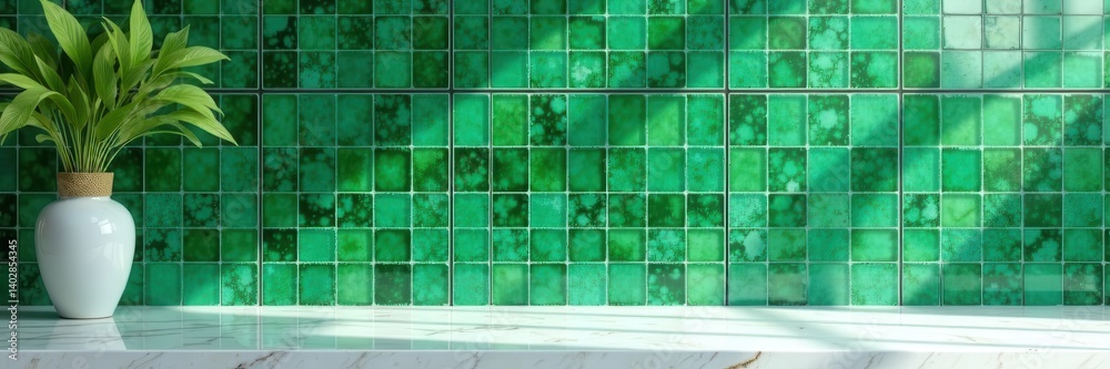 Green mosaic tile backsplash, marble countertop , interior, architecture Green mosaic tile backsplash, marble countertop , interior, architecture