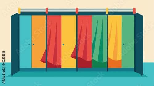Colorful and playful curtains hang in front of each locker adding a pop of color to the otherwise neutral space.