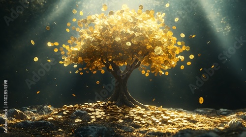 Thriving wealth tree with golden coins as leaves radiating prosperity and success