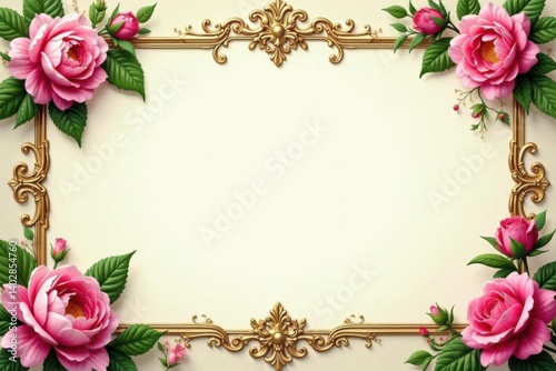 Fototapeta Naklejka Na Ścianę i Meble -  Ornate baroque-style border featuring roses, peonies and scrolling leaves in a classic floral pattern, baroque style, vintage frames