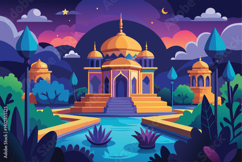 Enchanting Nighttime Garden with a Majestic Palace