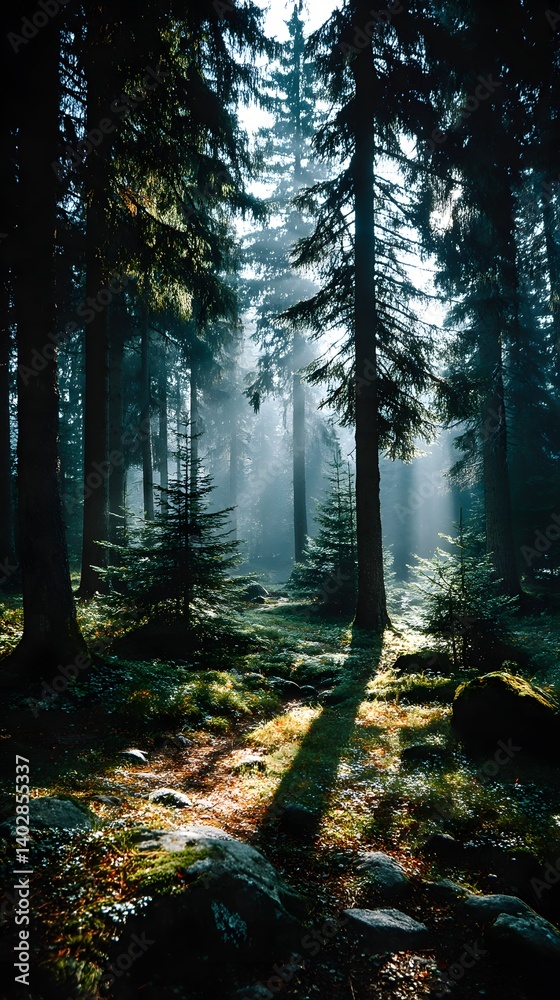 Obraz premium Enchanting Forest: A tranquil forest scene enveloped in a mystical fog, the sun's rays penetrating the dense canopy to illuminate the woodland floor, creating a serene atmosphere.