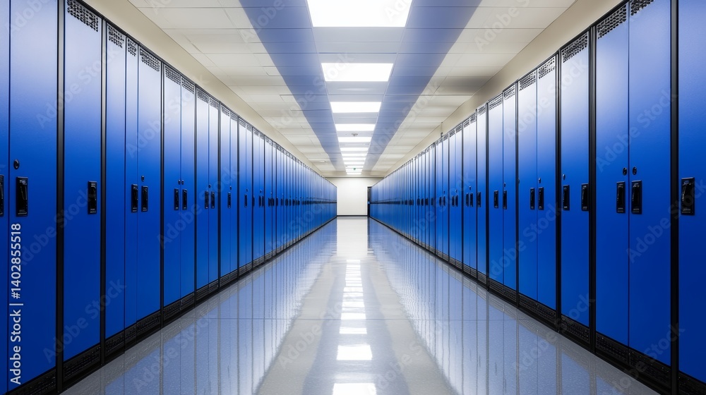 Fototapeta premium Blue lockers line a bright clean hallway with glossy floors reflecting the overhead lighting ideal for school storage or interior design concepts