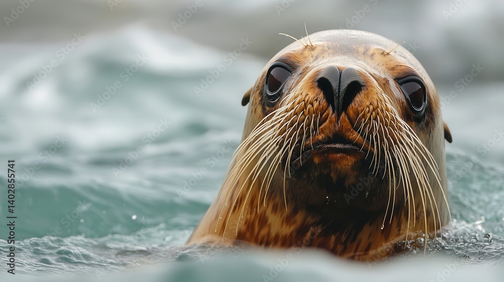 Fototapeta premium Close-up of a sea lion's head emerging from the water.