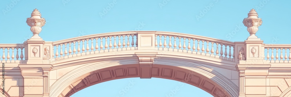 Stone archway with balustrade against a blue sky.