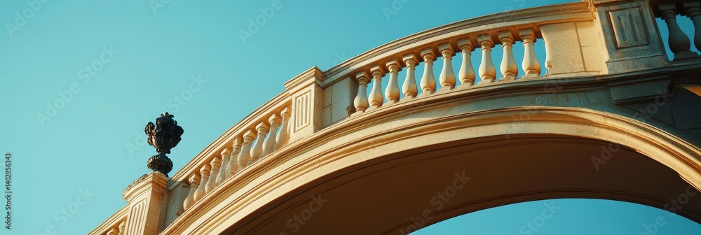 Archway structure with balustrade against a clear blue sky.