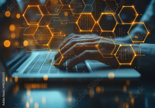 Close-up of a hand typing on a laptop with digital overlays, symbolizing data analysis and tech innovation. copy space, 300dpi, commercial use