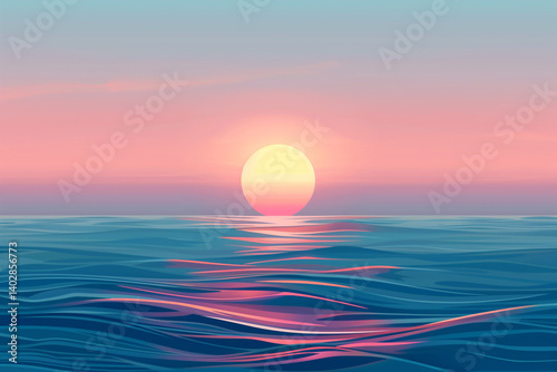 A calming vector art of a sunset over a stylized ocean with soft gradients and smooth lines.