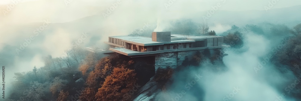 Modern building on a cliff edge surrounded by fog or mist in a forest.