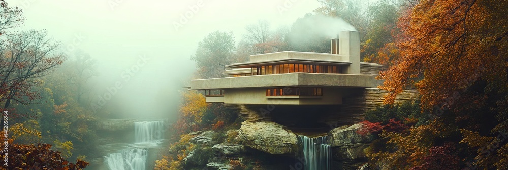 House over waterfall surrounded by trees in autumn colors with a foggy background.