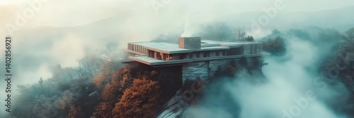 Modern building on a cliff edge surrounded by fog or mist in a forest.