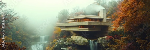 Obraz na płótnie House over waterfall surrounded by trees in autumn colors with a foggy background. w salonie