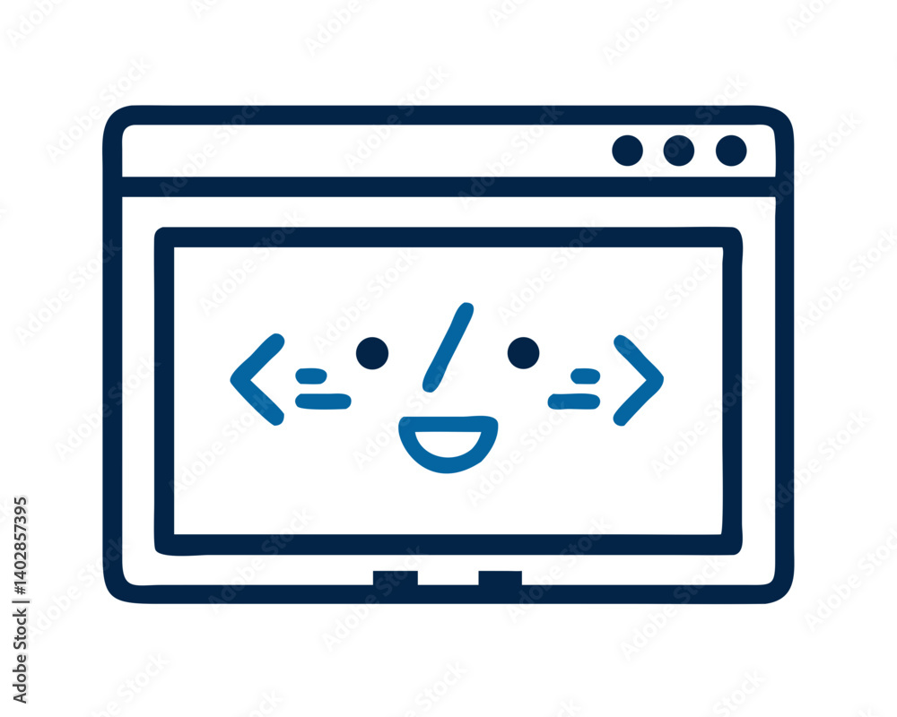 Child-like drawing of a happy coding screen with face Child-like drawing of a happy coding screen with face