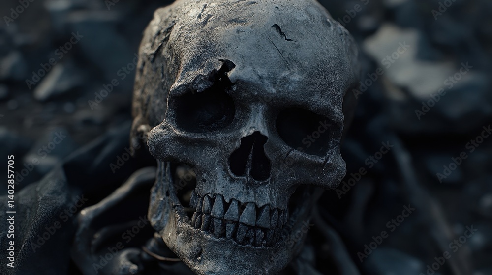 A weathered skull, marred by time and decay, amidst a backdrop of somber darkness. A weathered skull, marred by time and decay, amidst a backdrop of somber darkness.