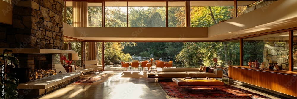 Interior view of a modern house with large windows overlooking trees.