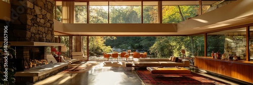 Obraz na płótnie Interior view of a modern house with large windows overlooking trees. w salonie