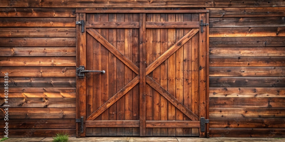 Naklejka premium Rustic Wooden Double Barn Door Set Against Weathered Horizontal Planks