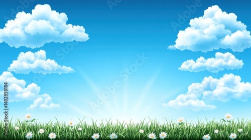 A bright blue sky filled with fluffy clouds, above a grassy field adorned with daisies, creating a serene and cheerful landscape.
