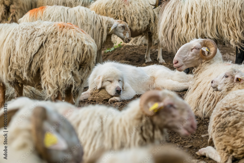 Anatloian Shepherd dog sleep among sheep