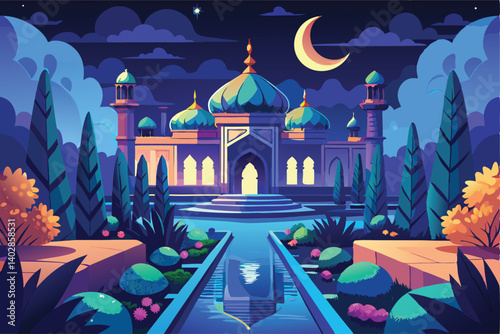 Enchanting Nighttime Garden with a Majestic Palace
