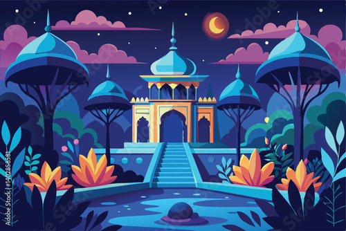 Enchanting Nighttime Garden with a Majestic Palace