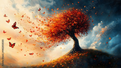 A vibrant autumnal tree with fluttering butterflies and leaves, symbolizing change. photo
