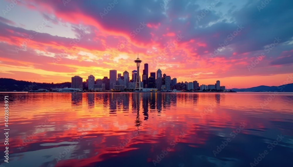 Fototapeta premium Seattle skyline reflected in Puget Sound's sunset waters , stunning, horizon