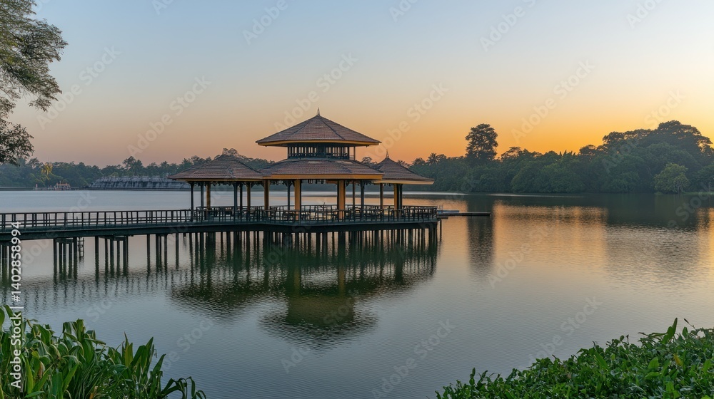 Fototapeta premium A tranquil wooden structure on the lake at sunset time