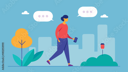 Outdoor Scene An individual walking in a park speaking to a voicerecognition app on their smarch. Word bubbles show the text being created as they stroll.