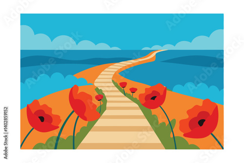 an original seascape painting with vibrant poppies 