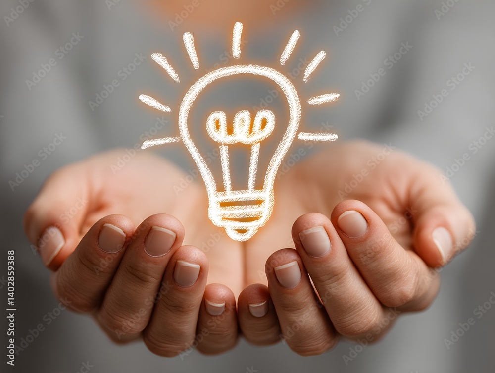 Illuminating Inspiration: A pair of cupped hands hold a glowing lightbulb icon, symbolizing the power of creativity, innovation, and problem-solving. Illuminating Inspiration: A pair of cupped hands hold a glowing lightbulb icon, symbolizing the power of creativity, innovation, and problem-solving.