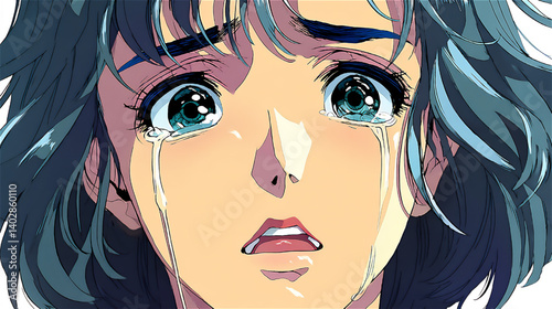 涙を流すアニメ風の少女のクローズアップ