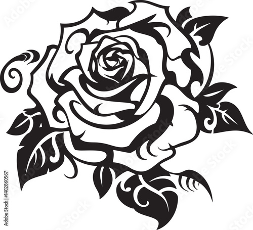 Ornate Black and White Rose Tattoo Design