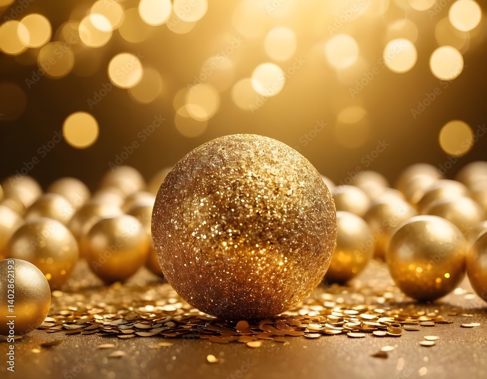 Fototapeta premium Golden Christmas Ornament with Glitter Confetti