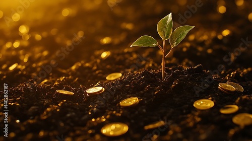 Tiny sapling standing tall in fertile ground with gleaming gold coins surrounding symbolizing success
