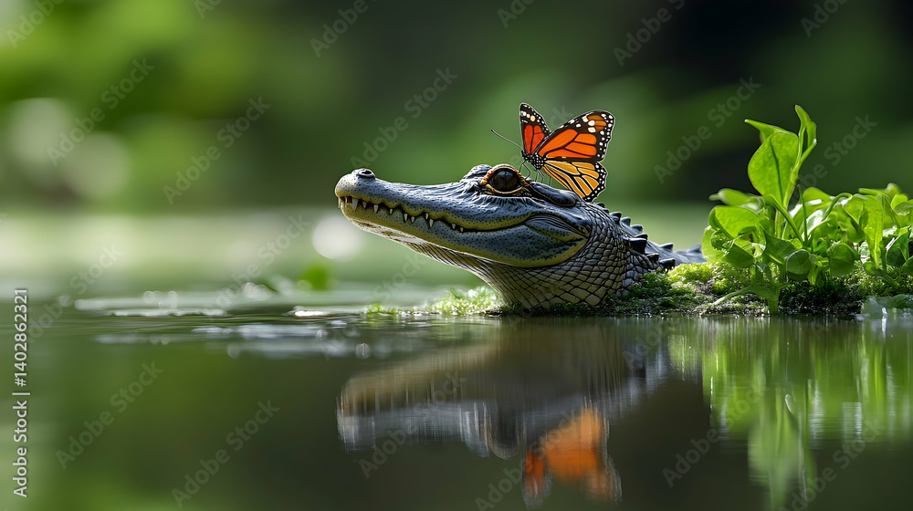 Fototapeta premium A playful alligator with a butterfly perched on its head.