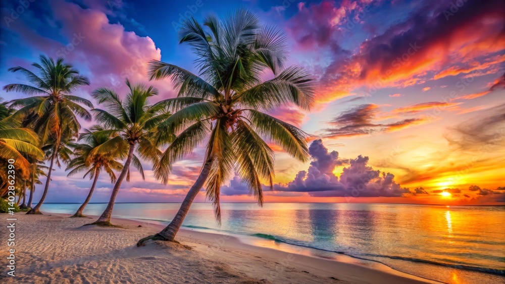 Fototapeta premium Serene Coastal Sunset with Majestic Palm Trees on a Tranquil Sandy Beach
