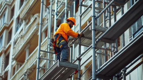 Construction worker adjusting scaffolding on a building. Featuring safety and structural support
