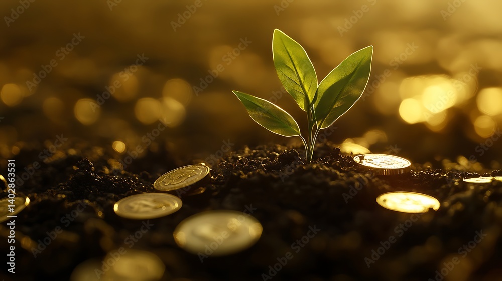 Green sapling growing through fertile soil surrounded by gleaming gold coins representing stability Green sapling growing through fertile soil surrounded by gleaming gold coins representing stability