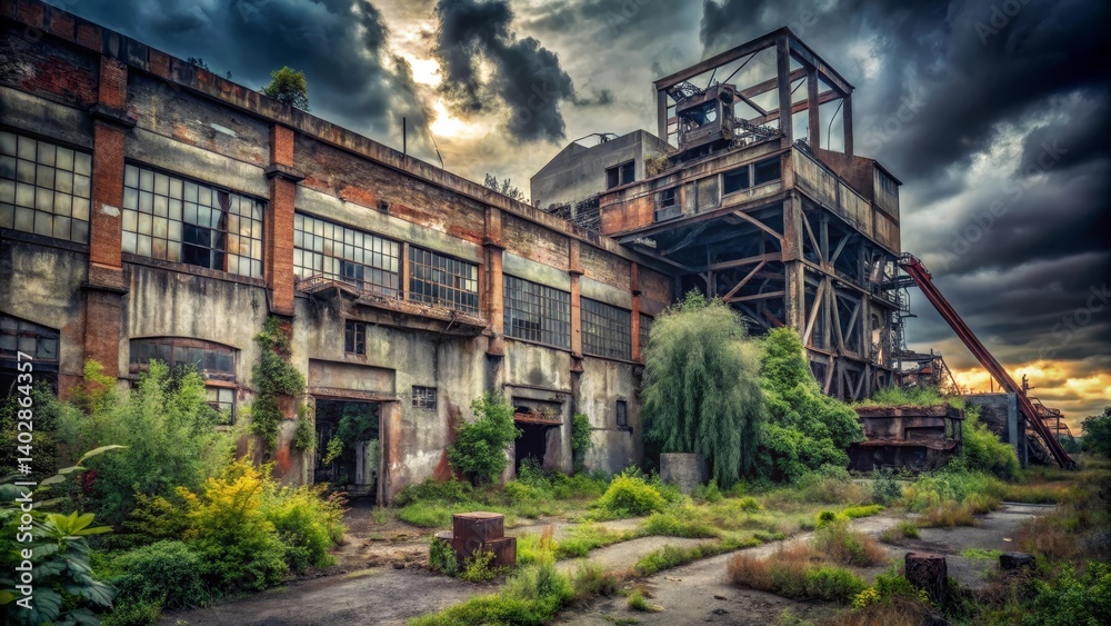 Overgrown Ruins of an Abandoned Industrial Complex Under a Dramatic Sky Overgrown Ruins of an Abandoned Industrial Complex Under a Dramatic Sky