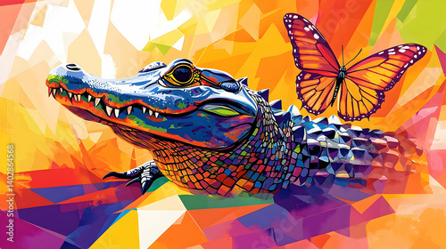 A vibrant, colorful illustration of an alligator and butterfly.
