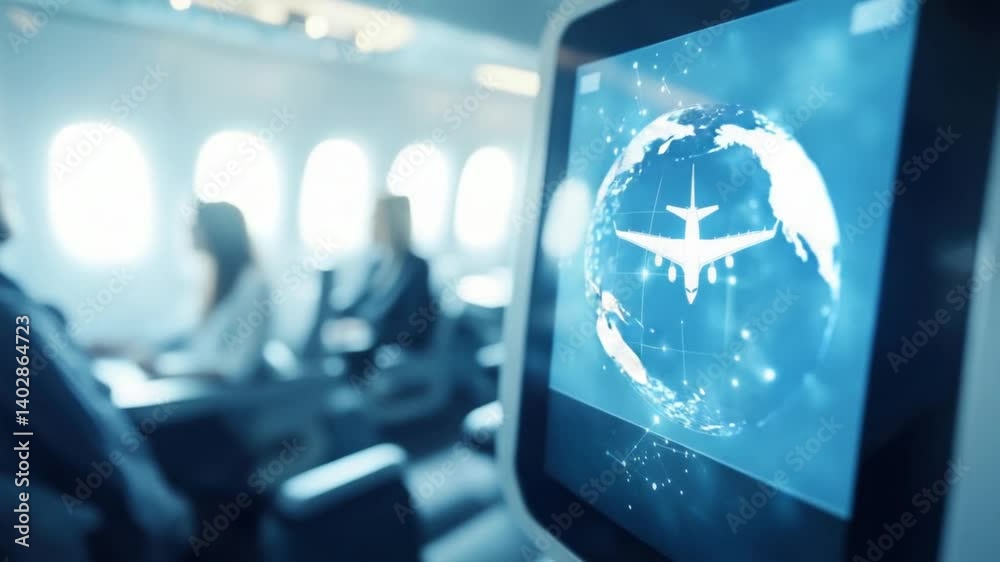 Passengers on an airplane interact with an advanced flight map, tracing the flight path and exploring various destinations while enjoying their journey Passengers on an airplane interact with an advanced flight map, tracing the flight path and exploring various destinations while enjoying their journey