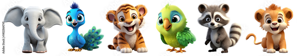 Obraz premium PNG Cute cartoon animal characters, element set on transparent background