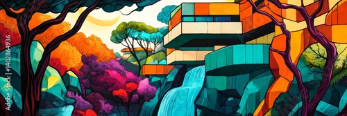 Colorful illustration shows a building near trees and a waterfall.