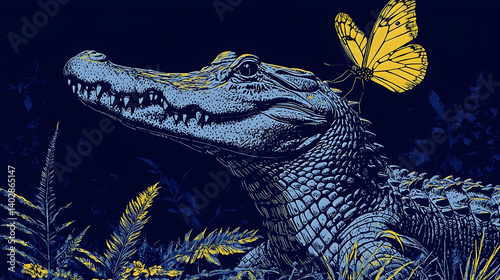 A majestic alligator with a vibrant butterfly perched on its head.