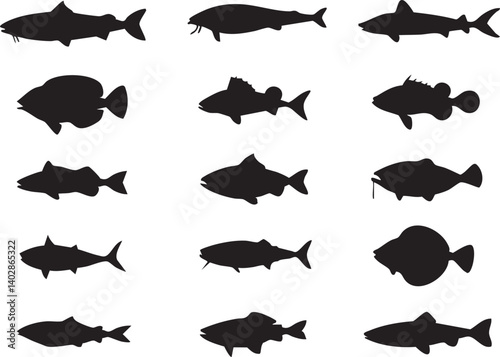 Diverse Fish Silhouettes Showcase Variety of Freshwater and Marine Species